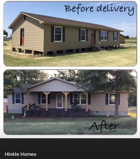 Shutters For Mobile Home, Small Front Deck Mobile Home, Double Wide Farmhouse Exterior, Double Wide Exterior Makeover Porch, Deck On Manufactured Home, Double Wide Trailer Porch Ideas, Concrete Porch On Mobile Home, Mobile Home Color Schemes Interiors, Front Porch For Double Wide