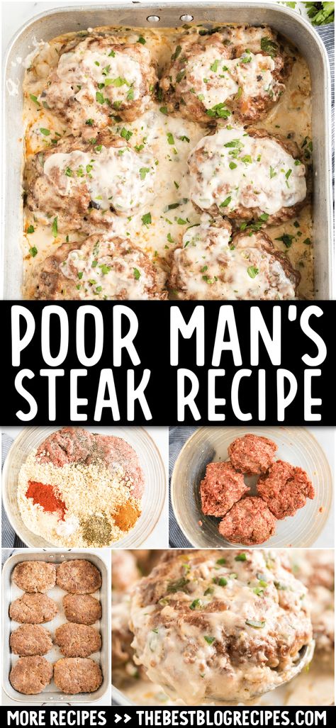 Poor Man’s Steak is a savory, old-fashioned hamburger steak recipe that the whole family will enjoy. Warm and hearty, get dinner on the table in just 1 hour. Meals For Supper, Balsamic Glazed Steak Rolls, Hamburger Steak Recipes, Hamburger Gravy, Hamburger Steak And Gravy, Main Dish Meals, Salisbury Steak Recipes, Easy Steak Recipes, Easy Hamburger