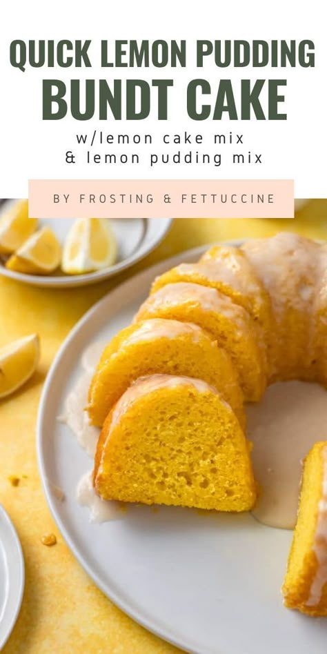 Short on time? This Quick Lemon Pudding Bundt Cake is a quick and easy cake recipe that will show you how to make a delicious bundt cake with lemon cake mix and lemon pudding mix. The result is a zesty and refreshing cake that is perfect for summer gatherings or potlucks! Lemon Jello Bundt Cake Recipe, Lemon Cake Bread, Lemon Pudding Bundt Cake Recipe, Recipes Using Lemon Pudding, Box Cake Mix With Zucchini, Pillsbury Lemon Cake Mix Recipes, Lemon Cake Made With Cake Mix And Pudding, Box Lemon Cake With Pudding, Cakes Made With Pudding