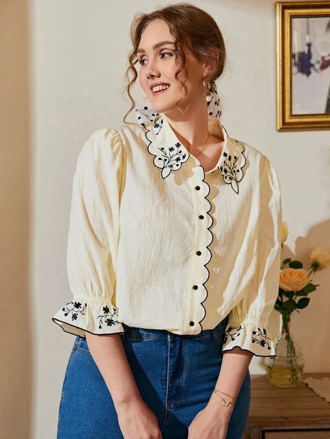 Floral Embroidery Blouse, Stylish Kurtis Design, Modest Tops, Stylish Short Dresses, Cotton Kurti Designs, Fashion Tops Blouse, Trendy Fashion Tops, Scallop Trim, Embroidery Top