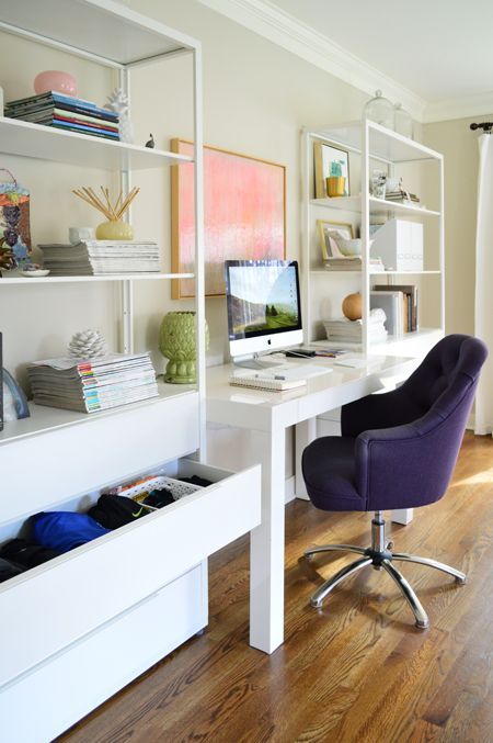 Office with lots of storage and shelves on either side of the desk (you'll never guess where the shelves are from!) Small Den Ideas With Tv, Small Den Ideas, Arranging Bookshelves, Small Den, Elizabeth House, Desk With Shelves, Den Ideas, Young House, Young House Love