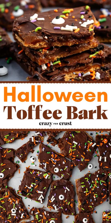 Looking for Halloween party ideas? Here's a Halloween bark recipe! Made with graham crackers, chocolate, and sprinkles, this toffee bark is a simple Halloween dessert everyone will enjoy. Definitely the perfect Halloween treat to make! Halloween Cracker Toffee, Halloween Cracker Bark, Halloween Bark Recipes, Leftover Halloween Candy Recipes, Halloween Candy Bark, Graham Cracker Toffee, Candy Stash, Fun Halloween Desserts, Halloween Bark