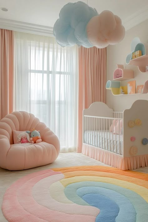 29 Nursery Room Decor Ideas to Personalize Your Baby’s Space Pink Pastel Nursery, Pastel Pink Nursery Ideas, Pastel Playroom Decor, Vintage Rainbow Nursery, Nursery Ideas Girl Colorful, Pastel Colors Nursery, Newborn Room Colorful, Baby Girl Nursery Pastel Colors, Nursery Ideas Pastel Colors