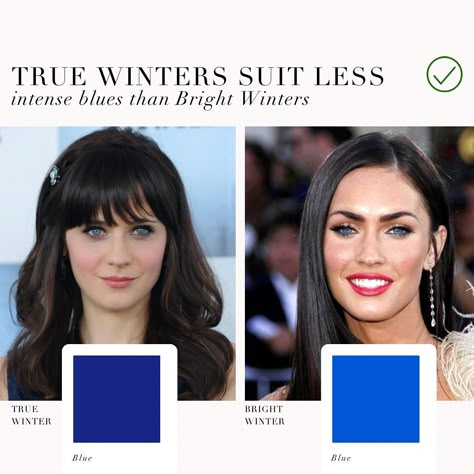 Colour analysis comparison, True Winter VS Bright Winter 🖤 . #coloranalysis #colouranalysis #coloranalyst #winterpalette #zooeydeschanel #meganfox True Winter Vs Bright Winter, True Winter Palette Outfits, Cool Winter Hair Color, Deep Winter Color Analysis, True Winter Outfits, Cool Winter Palette, Winter Color Analysis, True Winter Palette, Color Analysis Winter