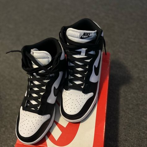 Nike Dunk High Top Panda Sneakers Nike Dunk High Sneakers, High Rise Nike Shoes, High Top Black And White Dunks Outfits, Nike High Tops Men, Dunks Shoes High Top, High Top Panda Dunks, Nike Panda Dunks High, Panda High Dunks, Nike Dunks High Tops