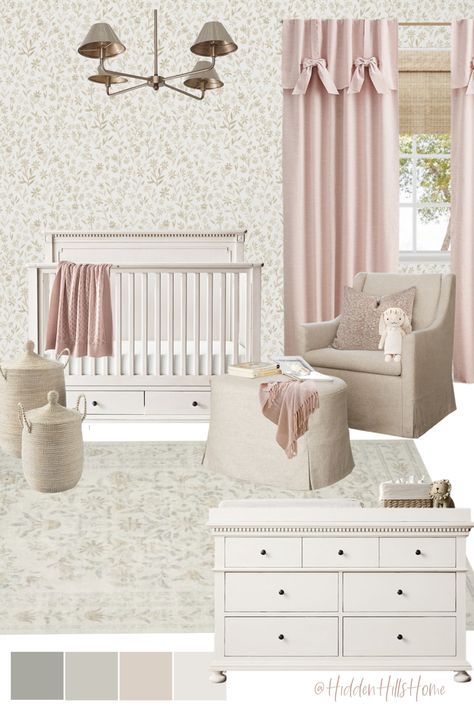 Cute nursery decor mood board with beige and pink colors throughout! Baby girl nursery inspiration Light Pink Neutral Nursery, Small Print Floral Wallpaper, Floral Neutral Nursery, Blush And Beige Nursery, Whole Room Wallpaper, Modern Organic Nursery Girl, Neutral Nursery With Pops Of Pink, Dreamy Nursery Girl, Floral Wallpaper Nursery Girl