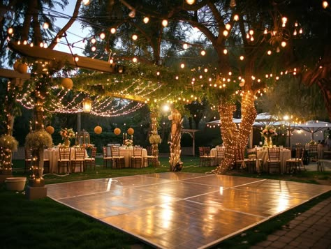 Backyard Wedding With Dance Floor, Outdoor Venues Ideas, Dance Floor Garden Wedding, Backyard Lights Wedding, Backyard Night Wedding Ideas, String Lights Dance Floor, May Wedding Outdoor, Outdoor Quincenera Ideas, Outdoor Dance Floors Wedding