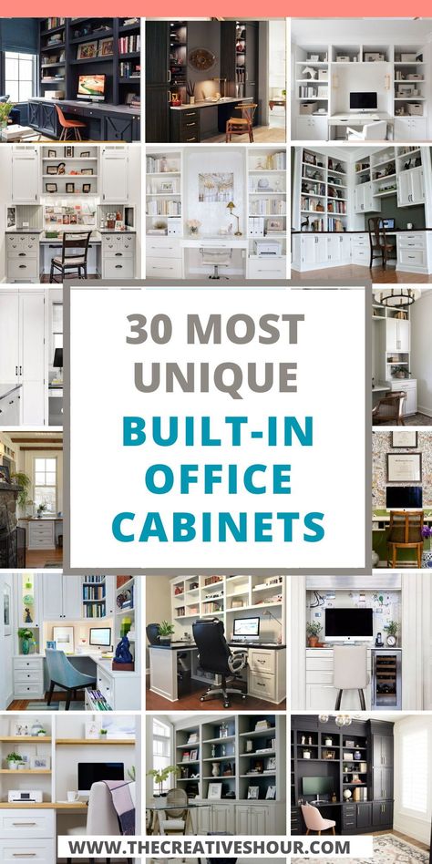 Elevate your home office with built-in office cabinets, seamlessly blending wall units and desk functionalities. Maximize space and style for a truly efficient workspace. #OfficeCabinets #WallUnits #DeskOrganization Unique Office Storage, Office Cupboards Design, White Office Built Ins Cabinets, Built In Desk Multiple Monitors, Closet In Home Office, Ikea Office Wall Storage, Wall Unit With Desk Built In, Custom Built Desk Ideas, Home Office White Cabinets