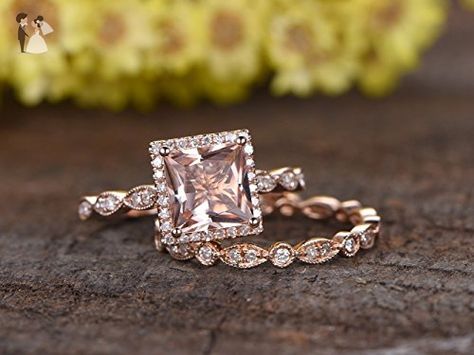 Luxury Rose Gold Princess Cut Jewelry, Pink Morganite Wedding Set, Luxury Morganite Wedding And Engagement Rings For Women, Luxury Rose Gold Engagement Band, Morganite Stacking Ring, Luxury Rose Gold Promise Band, Cheap Rose Gold Wedding Rings, Morganite Stackable Rings, Morganite Gold Ring