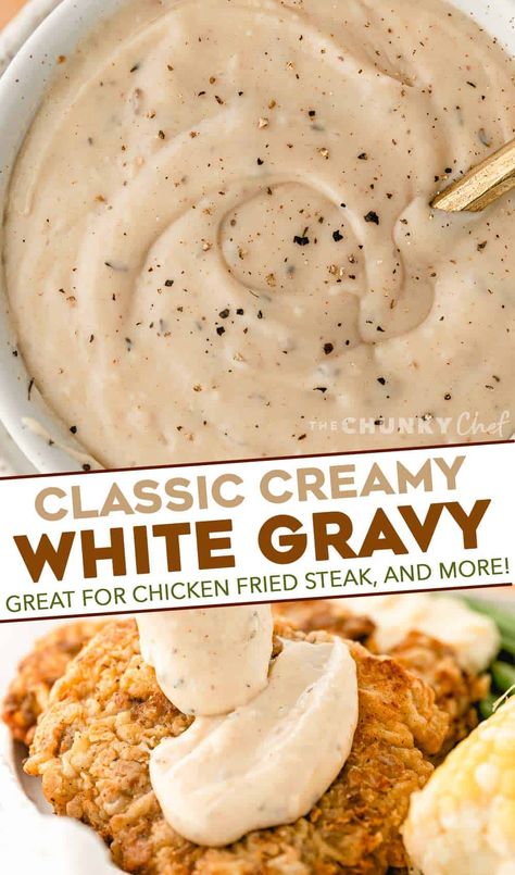 Gravy Steak Recipes, Pepper Gravy Recipe White, White Gravy Recipe Easy, Peppered Gravy, Gravy Recipe Easy, Chicken Fried Steak Gravy, Homemade White Gravy, White Pepper Gravy, Country Gravy Recipe