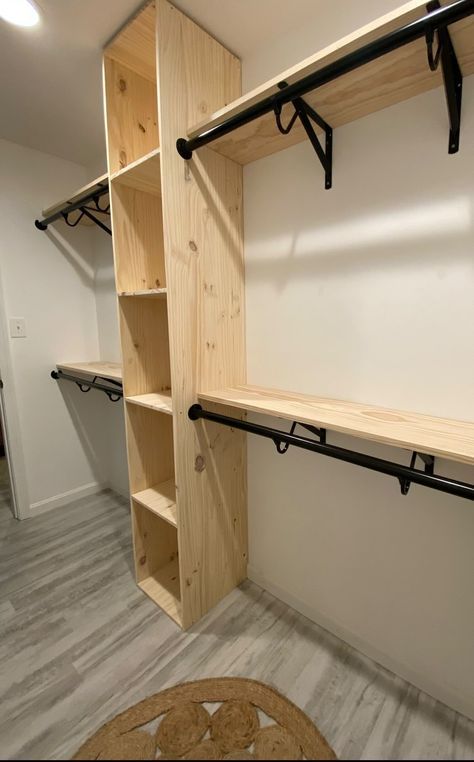 Custom Closet built-ins… Total cost $375. A similar system could be re-created in any closet (regardless of the size) with a little… | Instagram Open Walking Closet Ideas, Master Closet Design Simple, Diy Wood Shelves Closet, Add On Master Bath And Closet, Diy Closet Ideas Cheap, Closet Wardrobe Ideas Small Spaces, Easy Closet Built Ins, 4x7 Closet Ideas, Diy Shelves For Closet