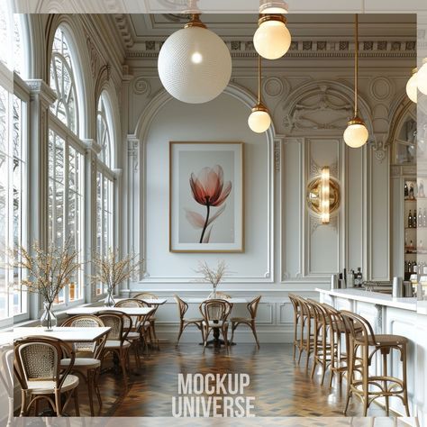 ✨ Bring the elegance of a Parisian cafe to your artwork with our Luxury Parisian Cafe Frame Mockup. This carefully curated digital mockup features a grandiose architectural setting with detailed moldings and classic cafe furnishings that radiate timeless luxury. Perfect for showcasing your photography or artwork in a chic and opulent environment. ✨ With your purchase, along with high quality JPG file, you'll receive a PSD file equipped with a smart object layer, allowing for effortless customiza Cafe Design Classic, Cafe Classic Design, Classical Cafe Design, Royal Cafe Aesthetic, Parisian Cafe Interior Design, Antique Cafe Interior, French Restaurant Interior Design, French Coffee Shop Parisian Cafe, Luxury Feature Wall Design