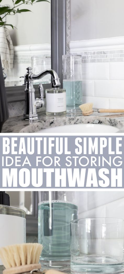 Mouthwash Storage Ideas, Diy Mouthwash Dispenser, Mouthwash Container Ideas, How To Store Toothbrushes Bathroom, Mouthwash Storage, Mouthwash Dispenser Ideas, Mouthwash Container, Diy Dollar Tree Storage, Smelly Bathroom