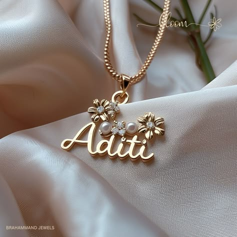 Add floral design to your name. #namependant #namenecklace #personalisedjewellery #goldnamependant Name Mangalsutra Designs Gold, Name Mangalsutra Designs, Name Necklace Design, Gold Chain Designs For Women, Name Gold Necklace, Necklace Name Design, Locket Design, Black Beads Mangalsutra, Black Beads Mangalsutra Design