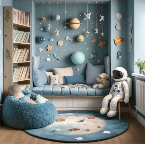 Space Theme Bedroom Ideas, Neutral Space Theme Bedroom, Kids Bedroom Space Theme, Boys Bedroom Space Theme, Space Themed Baby Room, Space Themed Playroom, Space Themed Boys Room, Baby Room Themes For Boys, Space Playroom Ideas