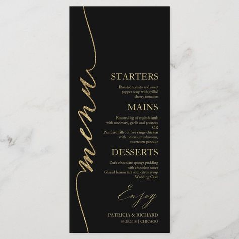 Dinner Menu Card, Pancake Dessert, Event Stationery, Black And Gold Wedding, Menu Card Design, 21 Diner, Birthday Menu, Wedding Dinner Menu, Fancy Script