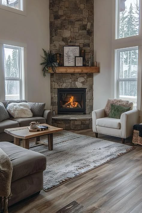 Corner Fireplace Layout, Corner Fireplace Furniture Arrangement, Corner Stone Fireplace, Corner Fireplace Living Room, Corner Fireplace Ideas, Fireplaces Layout, Fireplace Furniture, Fireplace Living Room, Design Hacks