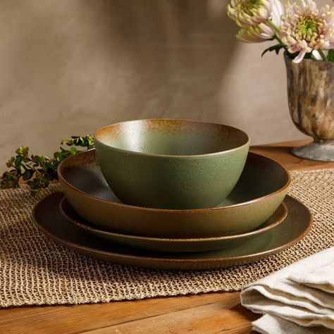 Bloomhouse Palermo Sun 16 Piece Double Bowl Stoneware Reactive Glaze Plates and Bowls Dinnerware Set - Bed Bath & Beyond - 40190561 Modern Ceramics Design, Starter Plates, Entertaining At Home, Glazing Techniques, Oprahs Favorite Things, Set Outfits, Stoneware Dinnerware, Ceramic Dinnerware, Reactive Glaze