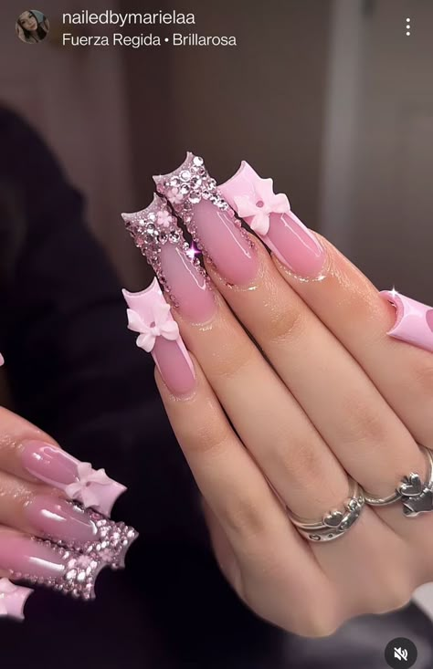 Quince Nail Inspo Pink, Pink French Tip Bling Nails, Long Acrylic Nails Designs Ideas Baddie, Birthday Nails Extra, Soft Pink Nails Designs, Pink Bling Acrylic Nails, Pink Diamond Nails, Hood Nails, Baddie Bling Nails