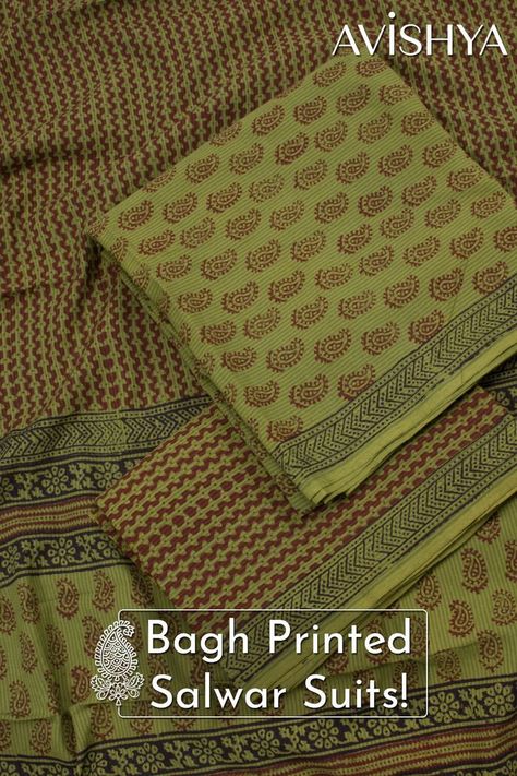 Salwar Suit Material Bagh Print Suits Design, Printed Salwar Suit, Bagh Print, 3 Piece Dress, Block Printed Suits, Stamp Pattern, Indian Art Gallery, Space Activities, Hand Block Printing