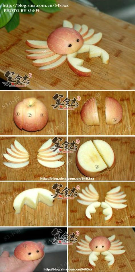 apple crab How To Cut Apples, Cute Food Tutorial, Apple Food Art, Apple Crab, Apple Food, Apple Ideas, Apple Cut, Fun Food For Kids, Fruit Animals