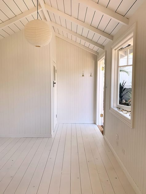 white painted backyard shed Tiny House Front Design, Courtney Adamo, Summer Hangout, Exposed Rafters, Backyard Cottage, Shed Interior, Backyard Studio, Backyard Shed, Casa Container