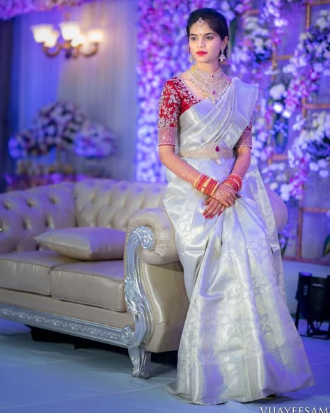 The Most Stunning South Indian Bridal Looks Of 2019! | WedMeGood Silver Saree, Lehenga Sari, South Indian Wedding Saree, Indian Wedding Saree, Sarees South Indian, Bridal Sarees South Indian, Pattu Saree Blouse Designs, Wedding Saree Blouse Designs, Wedding Saree Blouse