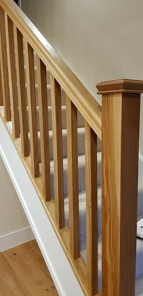 Staircase Ideas Oak, Oak Spindle Staircase, Oak Newel Post Staircases, Stairs Design Wooden Railings, Square Spindles Staircase, Stair Wooden Railing Ideas, Stairs Wooden Railing, Ballisters Staircases, Stair Railing Design Wooden