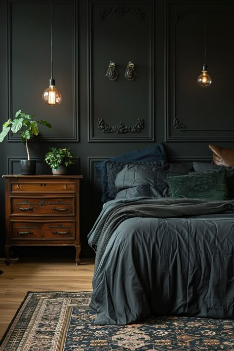 Dark Bedroom Decor, Dark Moody Bedroom, Dark Academia Bedroom, Dark Cozy Bedroom, Housing Decor, Moody Bedroom Ideas, Academia Bedroom, Charcoal Walls, Bedroom Dark