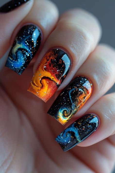 Galaxy-Inspired Square Nails Night Sky Nails Dark Blue, Cosmos Nails, Space Nails Galaxy, Nebula Nails, Night Sky Nails, Cat Bday, Space Nail Art, Cosmic Nails, Purple Glitter Nails