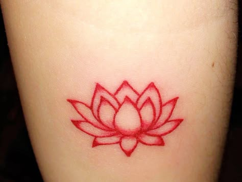 Red ink lotus tattoo Small Red Lotus Tattoo, Red Ink Lotus Tattoo, Red Water Lily Tattoo, Lotus Flower Tattoo Small Simple, Lotus Flower Tattoo Red Ink, Water Lotus Tattoo, Lotus Flower Tattoo On Back, Lotus Flower Tattoo Red, Lotus Tattoo Design For Women