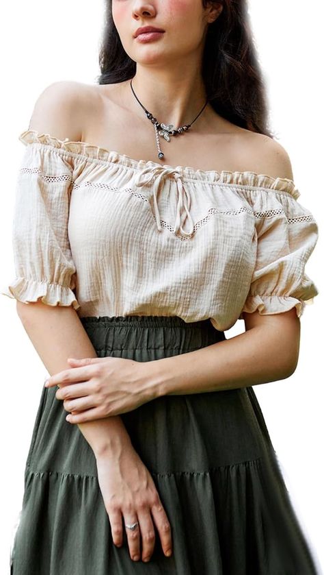 Women Renaissance Tops Puff Sleeve Off Shoulder Medieval Peasant Blouse Apricot S at Amazon Women’s Clothing store Peasant Top Outfit, Off The Shoulder Top Outfit, Medieval Peasant, Off Shoulder Puff Sleeve, Shoulder Puff Sleeve, Fit Summer, Nice Outfits, Casual Summer Tops, Peasant Style