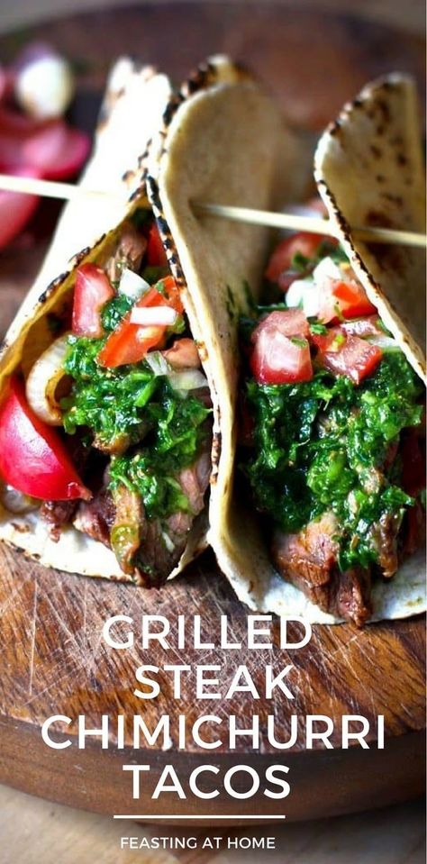 Steak Tacos With Chimichurri, Cilantro Chimichurri Sauce, Grilled Steak Tacos, Cilantro Chimichurri, Grilled Steak Recipes, Steak Tacos, Grilled Onions, Chimichurri Sauce, Grilled Beef