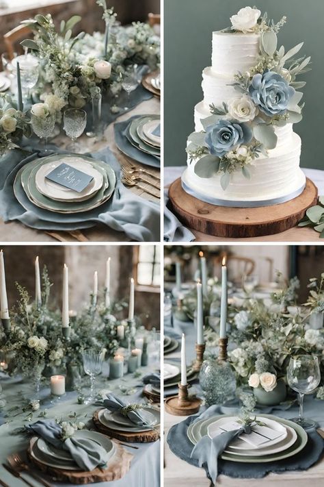 Siege Green Wedding, Eucalyptus And Sage Color Palette, Sage Blue And Gold Wedding, Dusty Blue Green Wedding, Blue And Sage Wedding Theme, Winter Wedding Blue And Green, Wedding Idea Colors, Winter Wedding Ideas Rustic Sage Green Dusty Blue, Dusty Blue And Sage Wedding Theme