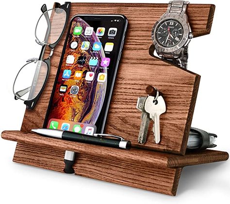 AmazonSmile: Cell Phone Stand Watch Holder. Men Wood Mobile Base Nightstand Charging Docking Station. Women Accessories Wooden Storage. Funny Bed Side Caddy Valet Happy Birthday Gift Wood Phone Holder, Bedside Caddy, Wood Docking Station, Nightstand Desk, Phone Docking Station, Nightstand Organization, Valentine Diy, Watch Holder, Birthday Items