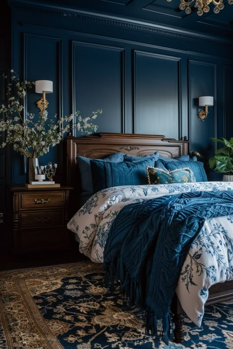 Cozy Dark Bedroom, Dark Blue Bedrooms, Navy Blue Bedrooms, Bedroom Dark, Dark Bedroom, Dekorasi Kamar Tidur, Blue Rooms, Blue Bedroom, Master Bedrooms Decor