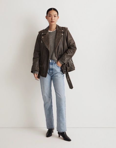 Distressed Leather Oversized Motorcycle Jacket | Madewell Biker Jacket Outfit Women, Leather Jacket Outfit Fall, Brown Leather Jacket Outfit, Womens Leather Jacket Outfit, Biker Jacket Outfit, Fall Leather Jacket, Moto Jacket Outfit, Fall Leather, Distressed Leather Jacket