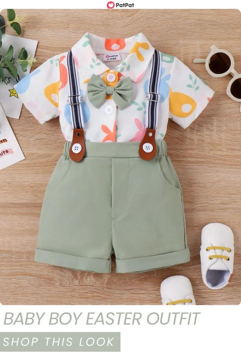 This baby boy Easter outfit will have him looking super handsome for any spring celebration or Easter photo! This cute outfit set includes a bunny print button down shirt with a cute bow tie and suspenders. Paired with the light green shorts and you have the most adorable spring and Easter outfit! Shop this set today at patpat.com for your baby's Easter outfit! Boy Easter Outfit, Kids Easter Outfits, Baby Boy Easter Outfit Infants, Easter Bunny Outfits, Tie And Suspenders, Baby Boy Easter, Baby Easter Outfit, Boys Easter Outfit, Modern Dresses