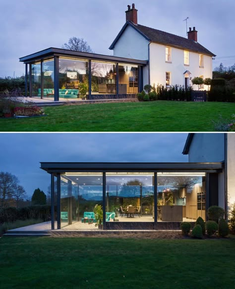 A Glass Enclosed Extension Added More Living Space To This Home Glass Sunroom Ideas, Conservatory Extension Ideas, Glass Room Extension, Extension Aesthetic, Glass Addition, Living Room Extension, Enclosed Patio Ideas, Glass Sunroom, Outdoor Deck Ideas