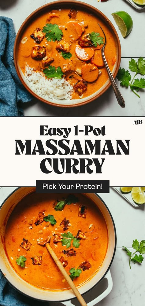 Simple, 1-pot Massaman curry made without store-bought Massaman curry paste! Simply use spices you have on hand plus Thai red curry paste to achieve this flavorful, rich Massaman curry! Optional protein suggestions for vegans, pescatarians, and meat-eaters! Healthy Massaman Curry, Masman Curry Recipe, Masman Curry, Vegan Massaman Curry Recipe, Vegan Massaman Curry, Tai Food Recipes, Vegan Thai Curry, Thai Massaman Curry, Beef Massaman Curry