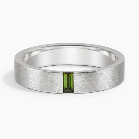 Men's 18K White Gold Apollo Green Tourmaline 4.5mm Wedding Ring. This modern wedding band features a vertical baguette green tourmaline set in a matte brushed finish for a defining look. The softened inside edge provides increased comfort for daily wear. Cool Guy Wedding Rings, Mens Engagement Rings Platinum, Men's Emerald Ring, Men Wedding Band Emerald, Gay Engagement Rings For Men, Men's Engagement Bands, Men’s Engagement Ring White Gold, Men Engagement Ring Silver, Wedding Rings Engagement Men