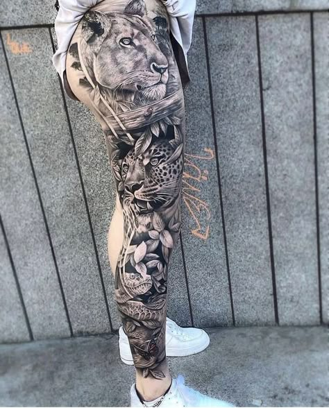 Animal Thigh Tattoo, Jungle Tattoo, Best Leg Tattoos, Animal Sleeve Tattoo, Tier Tattoo, Full Leg Tattoos, Tattoos Butterfly, Skeleton Hand Tattoos, Skeleton Hand Tattoo