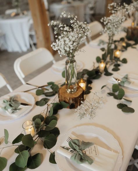 Weddings With Eucalyptus, Simple Centerpieces Greenery, Silver Dollar Eucalyptus Wedding Table, Country Wedding Centre Pieces, Outdoor Wedding Ideas Sage Green, Eucalyptus Dinner Table Decor, Round Tables Backyard Wedding, Mason Jar Candle Centerpieces For Weddings, Eucalyptus Wedding Table Decor Simple