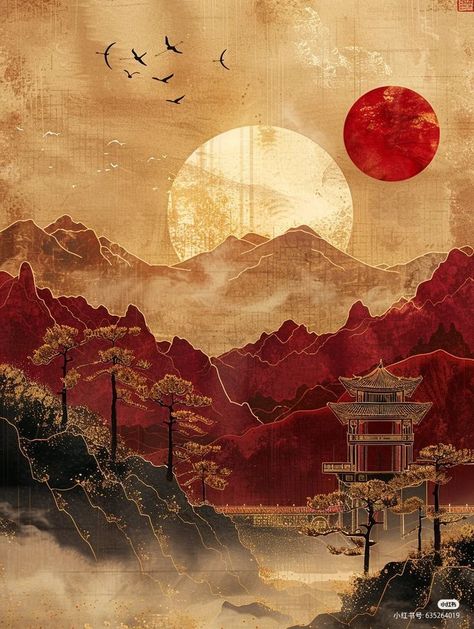 Traditional Asian Painting, Chinese Painting Aesthetic, Chinese Art Painting Landscape, Chinese Inspired Painting, Asian Landscape Art, Old Japanese Art Wallpaper, Asian Inspired Art, Japanese Aesthetic Painting, Chinese Wallpaper Backgrounds