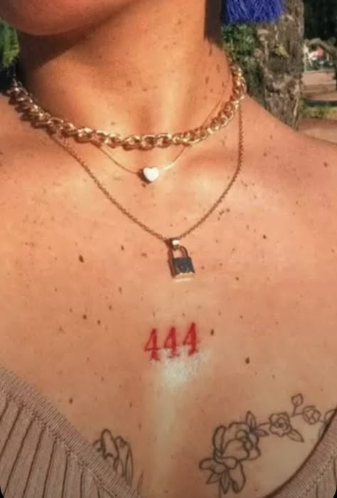 777 Tattoo Collar Bone, 777 Chest Tattoo, Collarbone Red Tattoo, 444 Collarbone Tattoo, Red Collar Bone Tattoos For Women, Red Tattoo Collar Bone, Red Ink Chest Tattoo, 222 Chest Tattoo, 777 Tattoo Red