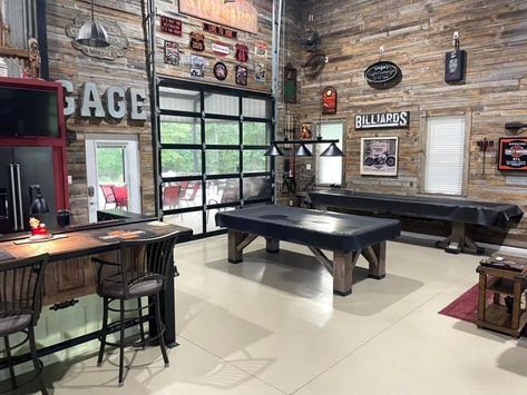 Barndo Man Cave, Barndominium Workshop Ideas, Metal Building Rec Room, Mancave Shop Ideas, Shop With Bar Area, Hangout Garage Ideas, Garage Shed Design, Metal Shop Interior, Pole Barn Hangout Ideas