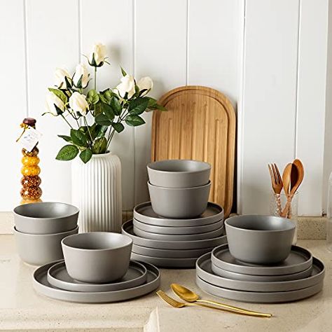 AmorArc Ceramic Dinnerware Sets of 4, Modern Flat Stoneware Plates and Bowls Sets,Chip and Crack Resistant | Dishwasher & Microwave Safe Dishes Set,Scratch Resistant- Service for 4 (12pc)-Matte Gray Stoneware Plates, Plates And Bowls Set, Ceramic Dinnerware Set, Stoneware Dinnerware Sets, Soup Bowl Set, Kitchen Bowls, Cooking Utensils Set, Stoneware Dinnerware, Modern Flat