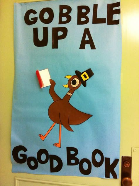 School Library Bulletin Boards, Library Bulletin Board Ideas, Thanksgiving Bulletin Board, Book Return, November Bulletin Boards, Library Decorations, Thanksgiving Bulletin Boards, School Library Displays, Library Bulletin Board