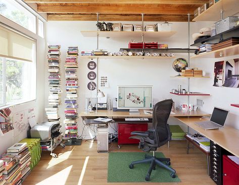 Love this creative work space by Jeremy Levine Design!  Great idea for shelving and a green patch for chair by Flor. Creative Workspace Design, Ruangan Studio, Workspace Studio, Studio Office, Creative Workspace, Workspace Inspiration, Office Designs, Modern Chair, Small Home Office