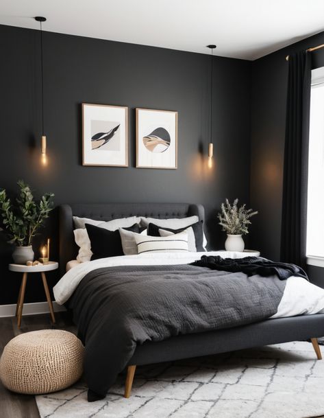 Dark Grey Feature Wall Bedroom, Dark Gray And White Bedroom, Black White And Gray Bedroom, Charcoal Grey Bedroom Ideas, Gray Black And White Bedroom, Gray And Black Bedroom Ideas, Light Grey Walls Bedroom, Black And Gray Bedroom Ideas, Dark Grey Bed Frame Bedroom Ideas